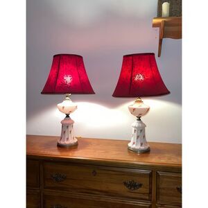 Lot of 2 Vintage Cottagecore Milk Glass Table Lamp Base Pink Flowers